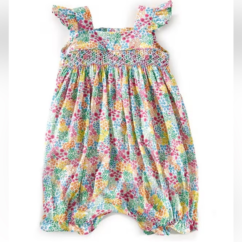 Edgehill Collection Baby Girls Floral Print Sleeveless Smocked Ruffle Romper